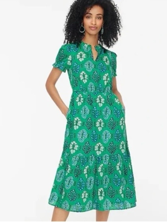 J. Crew Dresses & Skirts - J. Crew Green Floral-Print Short Sleeve Midi Dress - Size 2
